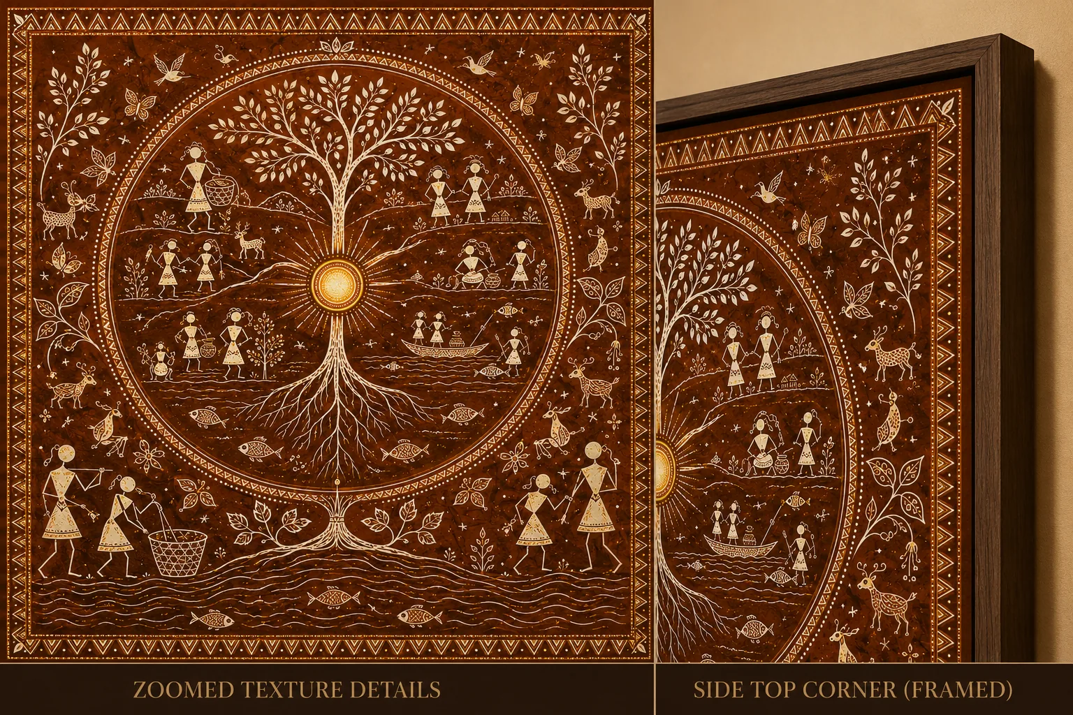 Warli Sacred Tree of Life Canvas Print - Golden Sun Indian Tribal Wall Art - Image 4