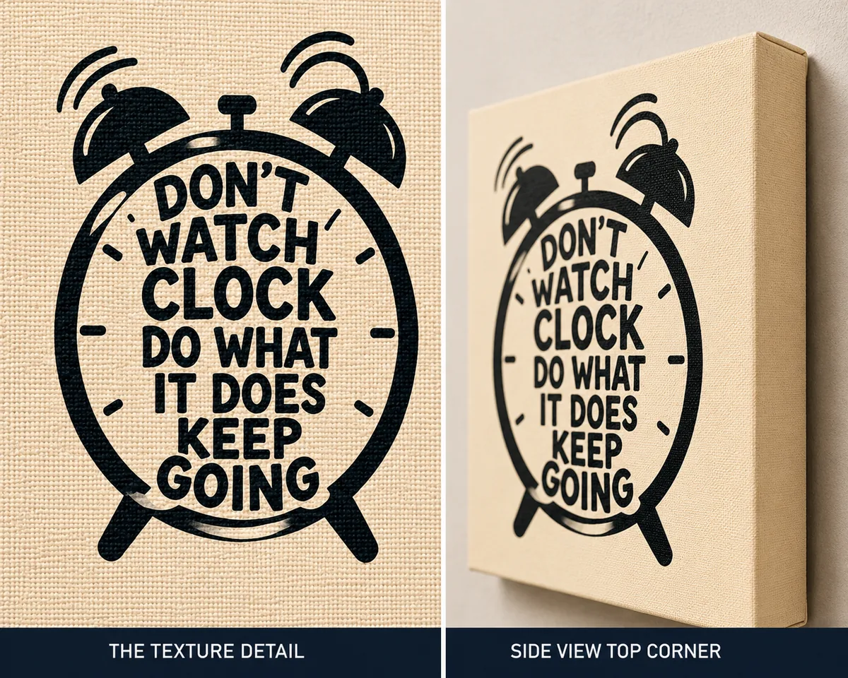 Retro Alarm Clock Typography Canvas Print – "Don't Watch The Clock, Keep Going" - Image 3