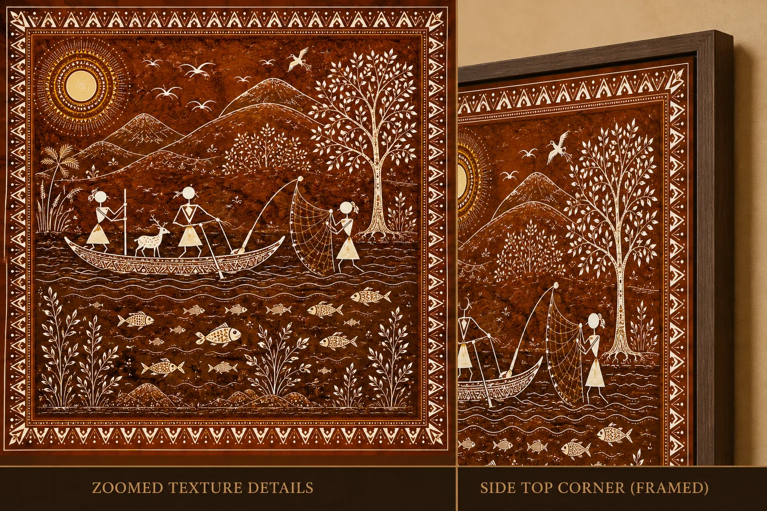 Warli River Fishing & Mountain Scene Canvas Print - Traditional Indian Tribal Wall Art - Image 4
