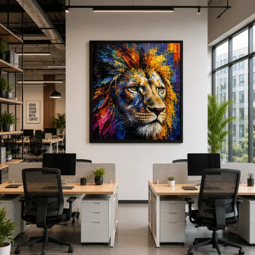 Abstract Lion Portrait Color Maximal Canvas Print - Retro Impasto Wildlife Wall Art