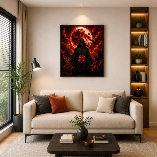 Itachi Uchiha Blood Moon Wall Art – Akatsuki Genjutsu Crow Canvas Print