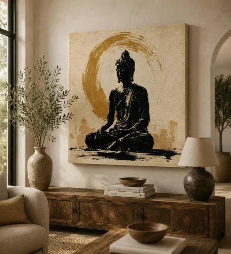 Golden Ensō Halo Meditating Buddha Canvas Art – Zen Spiritual Print