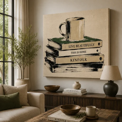 Cozy Morning Book Stack Canvas Art – Kinfolk & Coffee Lifestyle Print
