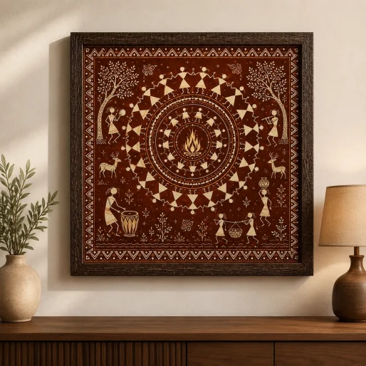 Traditional Warli Painting Canvas Print - Indian Tribal Village Celebration Wall Art