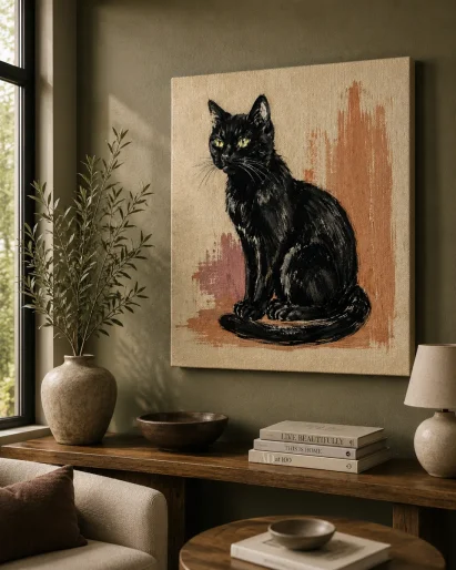 Midnight Familiar Black Cat Canvas Art – Terracotta & Ink