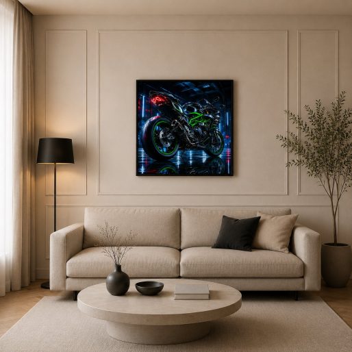 Kawasaki Ninja ZX-10R Motorcycle Wall Art – Cyberpunk Neon Garage Sportbike Canvas Print