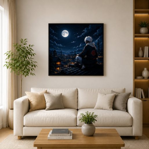 Anime Ninja Rooftop Wall Art – Full Moon Hidden Leaf Village Canvas Print