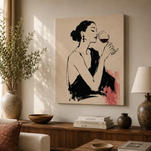 Parisian Evening Fashion Canvas Art – Red Wine & Blush Pink