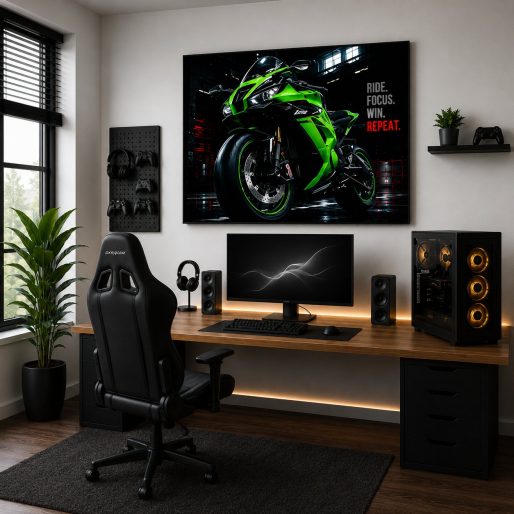 Kawasaki Ninja ZX-10R Motorcycle Wall Art – Lime Green Cyberpunk Garage Canvas Print
