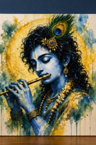 Sound of the Infinite – Lord Krishna Flute Watercolor Art