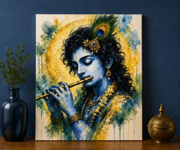 Sound of the Infinite – Lord Krishna Flute Watercolor Art