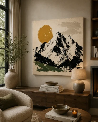 Minimalist Mountain & Golden Sun Canvas Art – Modern Brushstroke Landscape