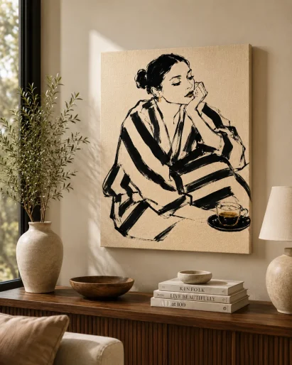 Morning Espresso Fashion Canvas Art – Amber & Black Stripes