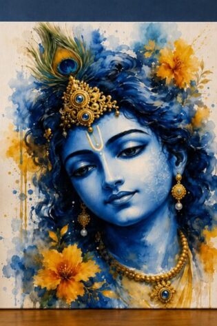 Ethereal Krishna – Floral Watercolor Canvas Art