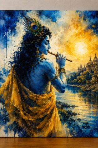 The Divine Flutist – Lord Krishna at Vrindavan Sunset Watercolor Art