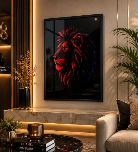 Majestic Neon Lion Profile – Vibrant Spectrum Wild Animal Wall Art Blockout Print