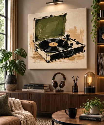 Vintage Record Player Canvas Print – Retro Vinyl Turntable Brushstroke Art