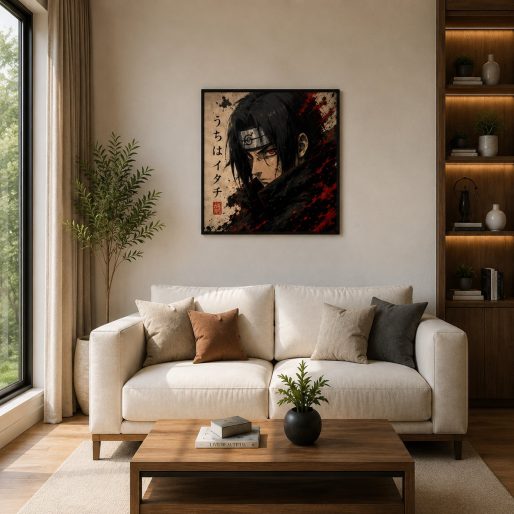 Itachi Uchiha Anime Wall Art – Mangekyou Sharingan Crimson Ink Canvas Print