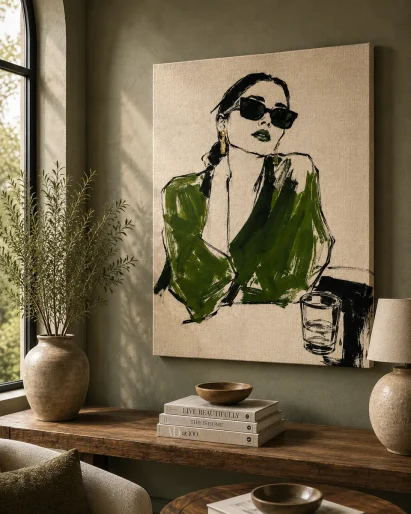 Emerald Street Style Fashion Canvas Art – Olive Green & Ink