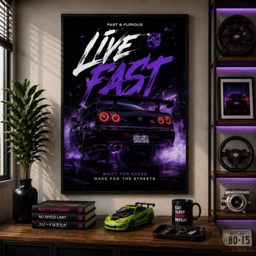 JDM Nissan Skyline GT-R R34 Canvas Poster – Live Fast Fast & Furious Street Racing Wall Art
