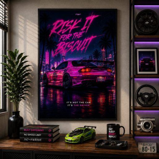 JDM Mazda RX-7 Canvas Poster – Risk It For The Biscuit Cyberpunk Street Racing Wall Art
