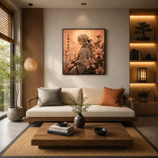 Japanese Samurai Anime Wall Art – Pastel Pink Lily Mountain Canvas Print