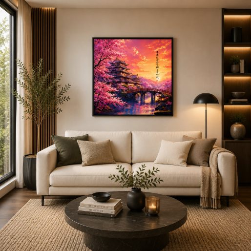 Japanese Pagoda Castle Wall Art – Cherry Blossom Sakura Sunset Canvas Print