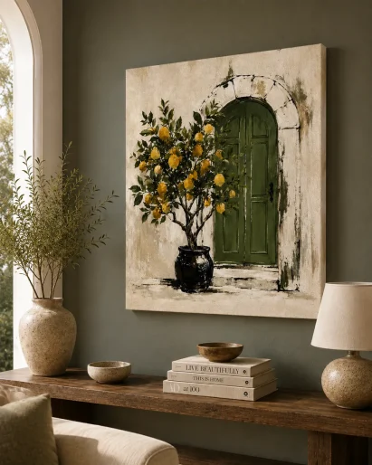 Mediterranean Courtyard Lemon Tree Canvas Art – Amalfi Olive & Yellow