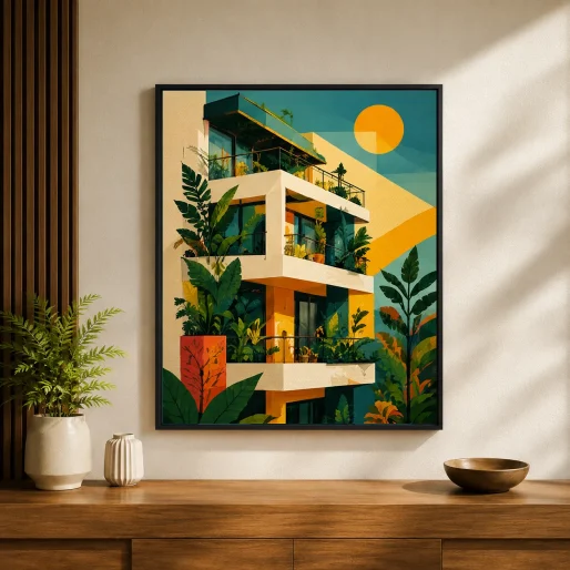 Retro Tropical Balcony Canvas Print - Mid-Century Modern Apartment Architecture Wall Art