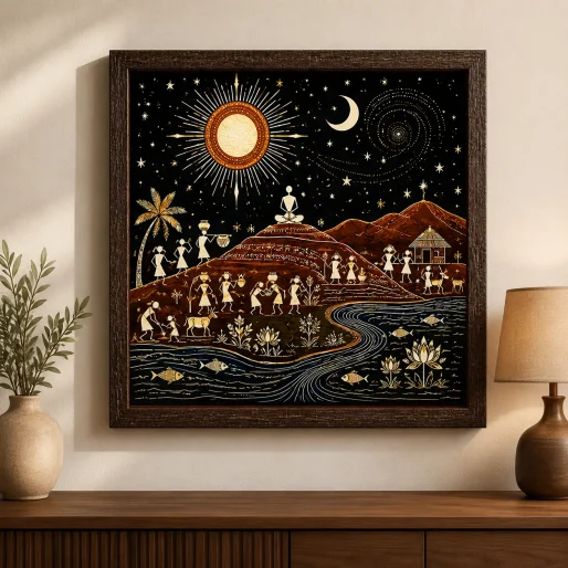 Warli Celestial Meditating Figure & Night Landscape Canvas Print - Traditional Indian Tribal Wall Art
