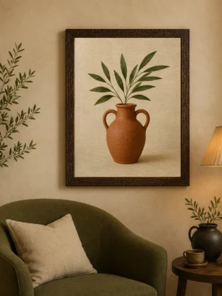 Minimalist Terracotta Amphora Vase with Green Leaves Canvas Print - Earthy Botanical Still Life Wall Art