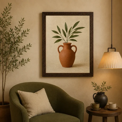 Minimalist Terracotta Amphora Vase with Green Leaves Canvas Print - Earthy Botanical Still Life Wall Art