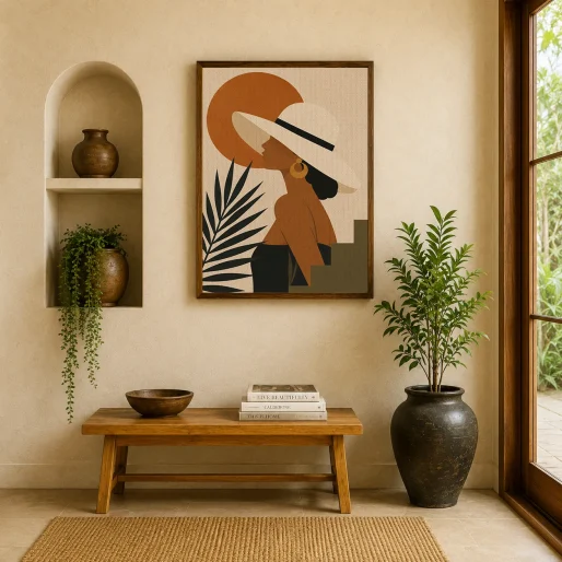 Minimalist Woman in Sun Hat Canvas Print - Terracotta Sun & Palm Leaf Boho Wall Art