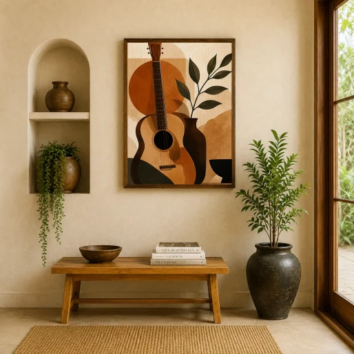 Minimalist Acoustic Guitar Canvas Print - Terracotta & Olive Green Abstract Still Life Wall Art