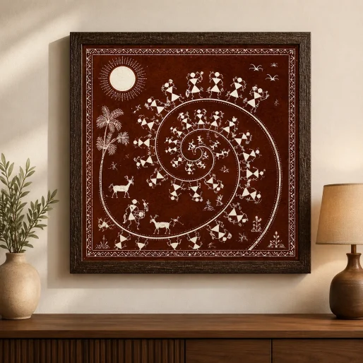 Warli Spiral Tarpa Dance Canvas Print - Traditional Indian Tribal Wall Art