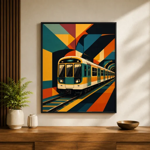 Retro Metro Train Canvas Print - Geometric Tunnel Subway Wall Art
