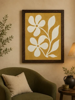 Retro Mustard Yellow Abstract Floral Canvas Print - Off-White Boho Flower Wall Art