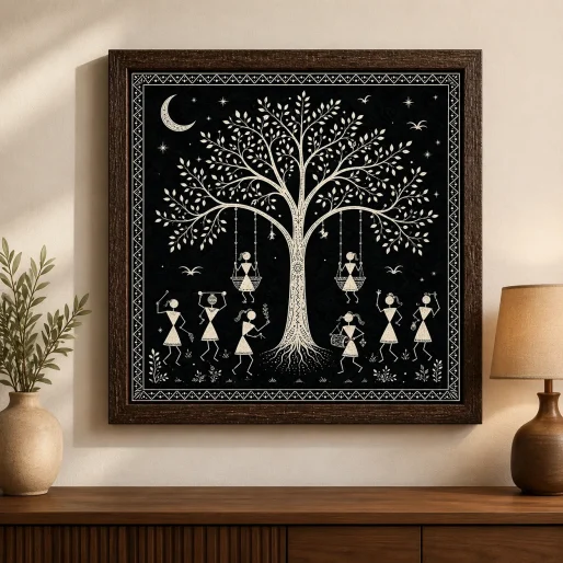 Warli Tree of Life & Swing Celebration Canvas Print - Traditional Indian Tribal Wall Art