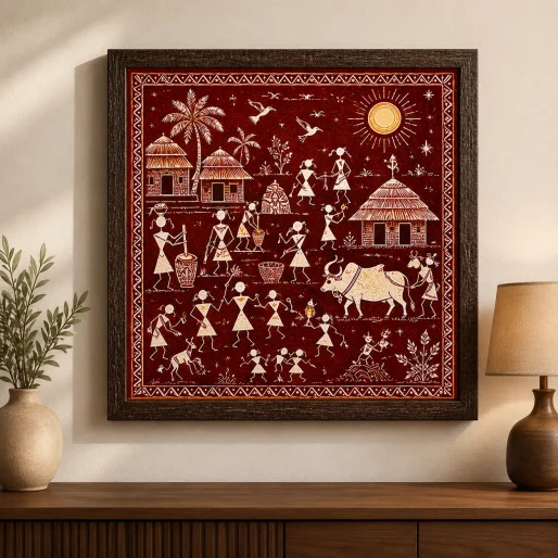 Warli Village Life & Sunshine Celebration Canvas Print - Traditional Indian Tribal Wall Art