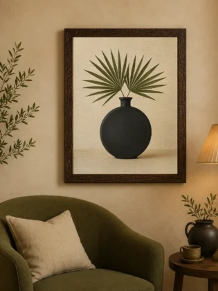Minimalist Black Ceramic Vase with Palm Fronds Canvas Print - Warm Beige Botanical Still Life Wall Art
