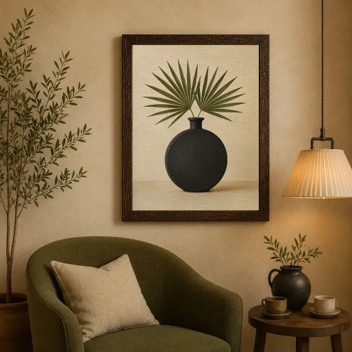 Minimalist Black Ceramic Vase with Palm Fronds Canvas Print - Warm Beige Botanical Still Life Wall Art