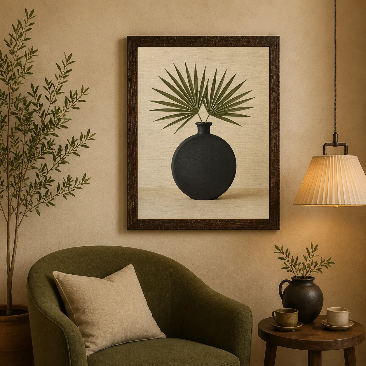 Minimalist Black Ceramic Vase with Palm Fronds Canvas Print - Warm Beige Botanical Still Life Wall Art