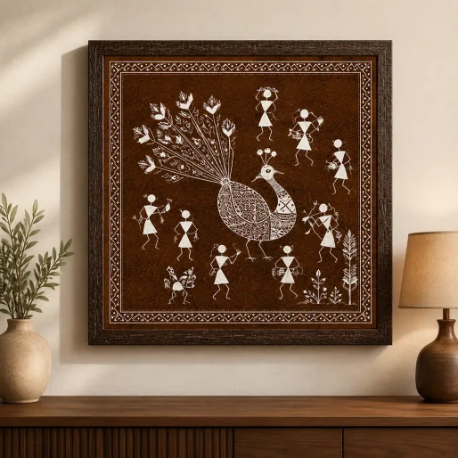 Warli Majestic Peacock & Tribal Dancers Canvas Print - Traditional Indian Folk Wall Art