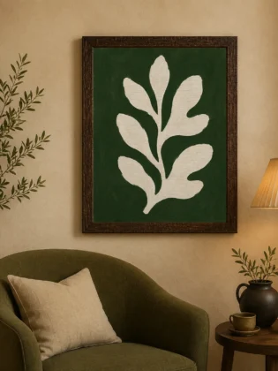 Matisse-Style Off-White Leaf Canvas Print - Dark Forest Green Botanical Wall Art