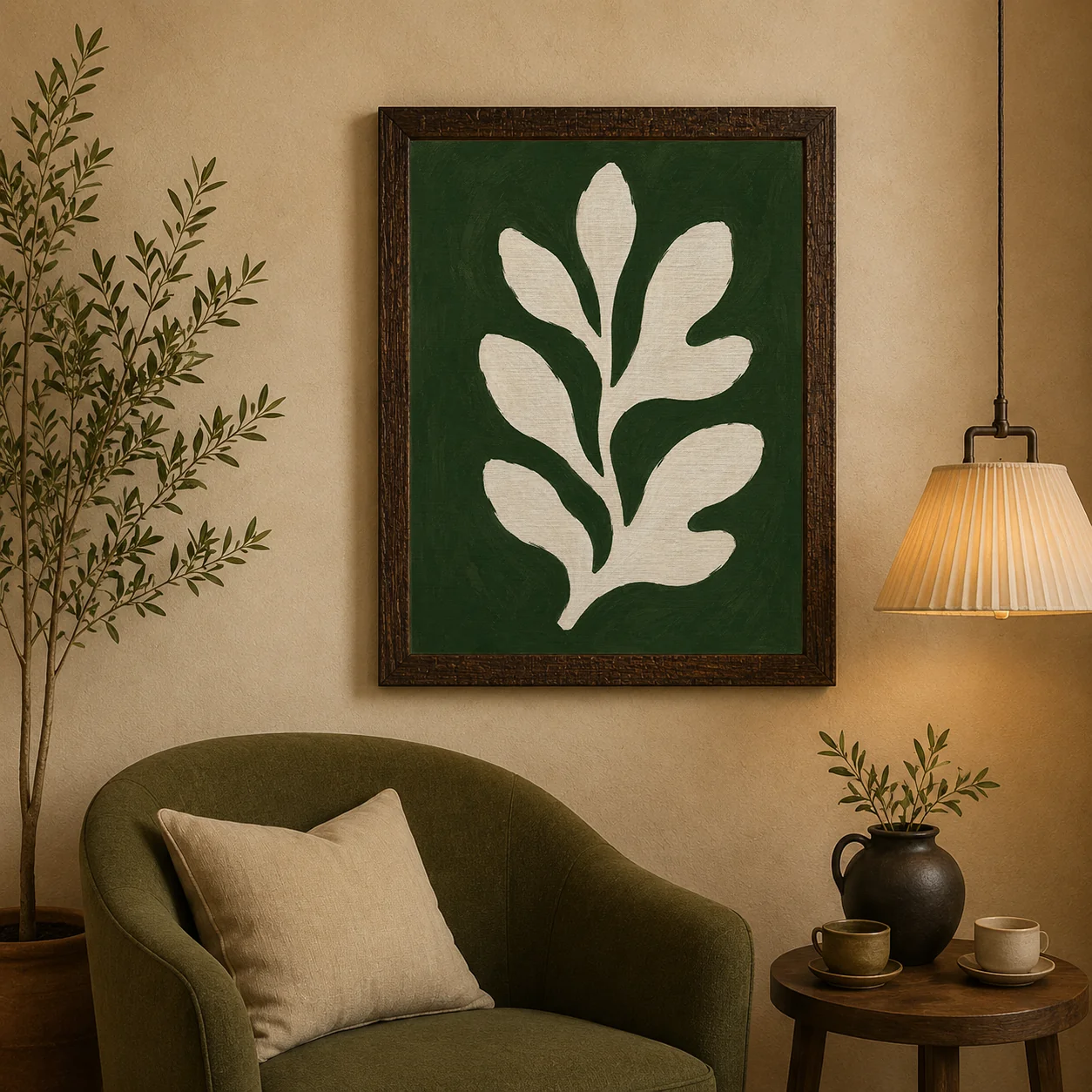 Matisse-Style Off-White Leaf Canvas Print - Dark Forest Green Botanical Wall Art