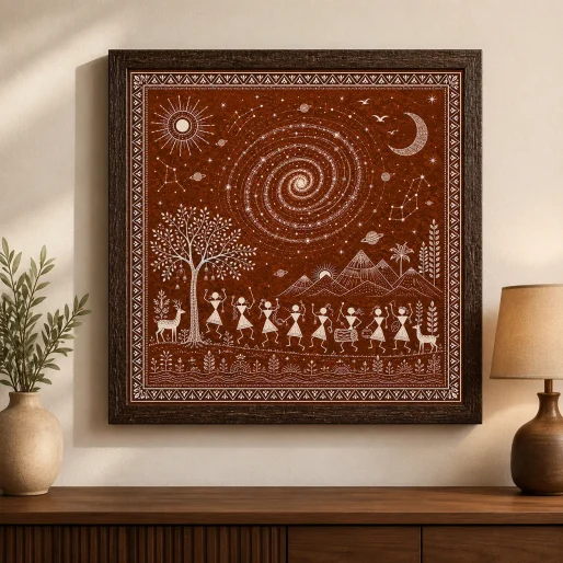 Warli Cosmic Galaxy & Dancing Tribal Figures Canvas Print - Traditional Indian Folk Wall Art