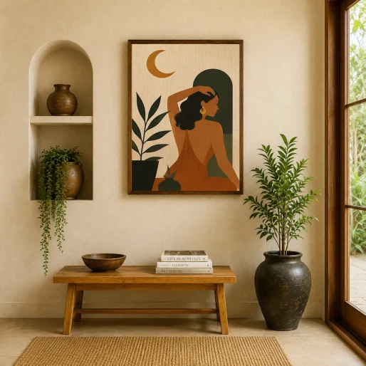 Minimalist Woman & Crescent Moon Canvas Print - Terracotta & Olive Green Boho Wall Art