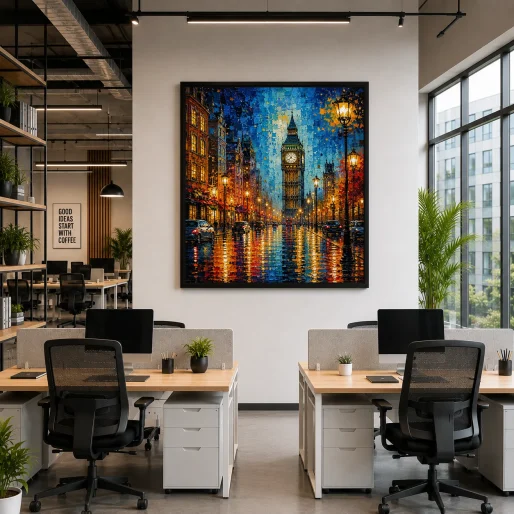 London Big Ben Street Scene Color Maximal Canvas Print - Retro Impasto Cityscape Wall Art