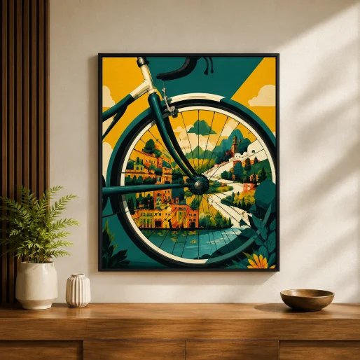 Retro Bicycle Wheel Coastal Landscape Canvas Print - Vintage Italian Village Wall Art