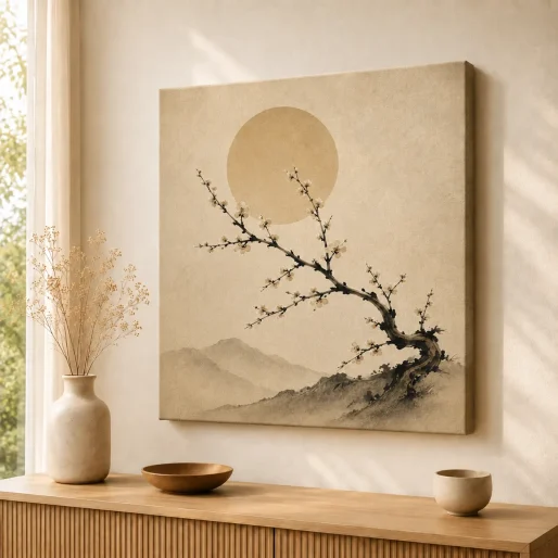 Japanese Plum Blossom & Golden Sun Canvas Print – Zen Botanical Wall Art